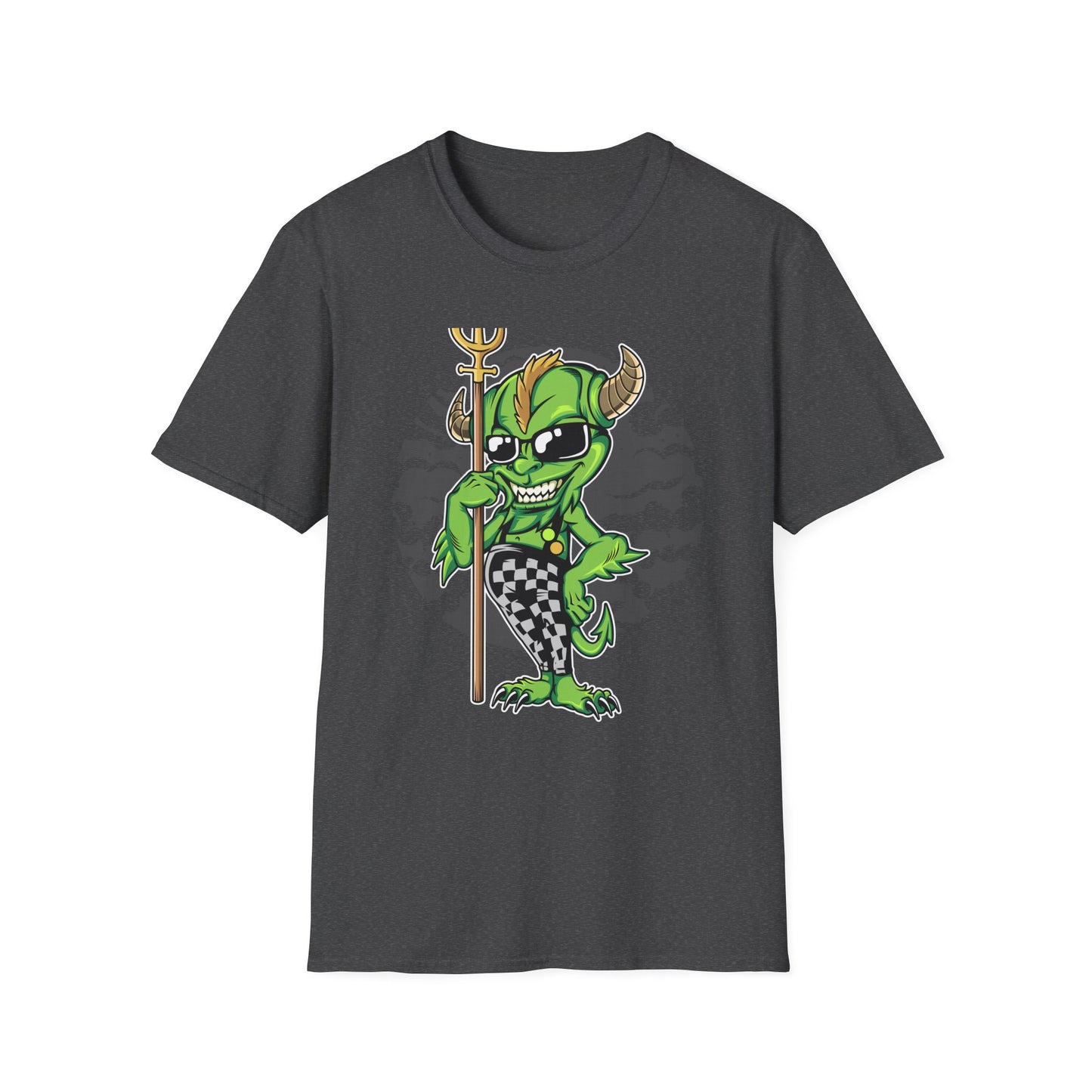 Wicked Mischievous Green Imp T-Shirt | Cool Cartoon Devil with Trident & Checkered Pants | Edgy Graphic Tee