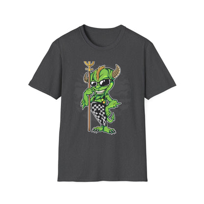 Wicked Mischievous Green Imp T-Shirt | Cool Cartoon Devil with Trident & Checkered Pants | Edgy Graphic Tee