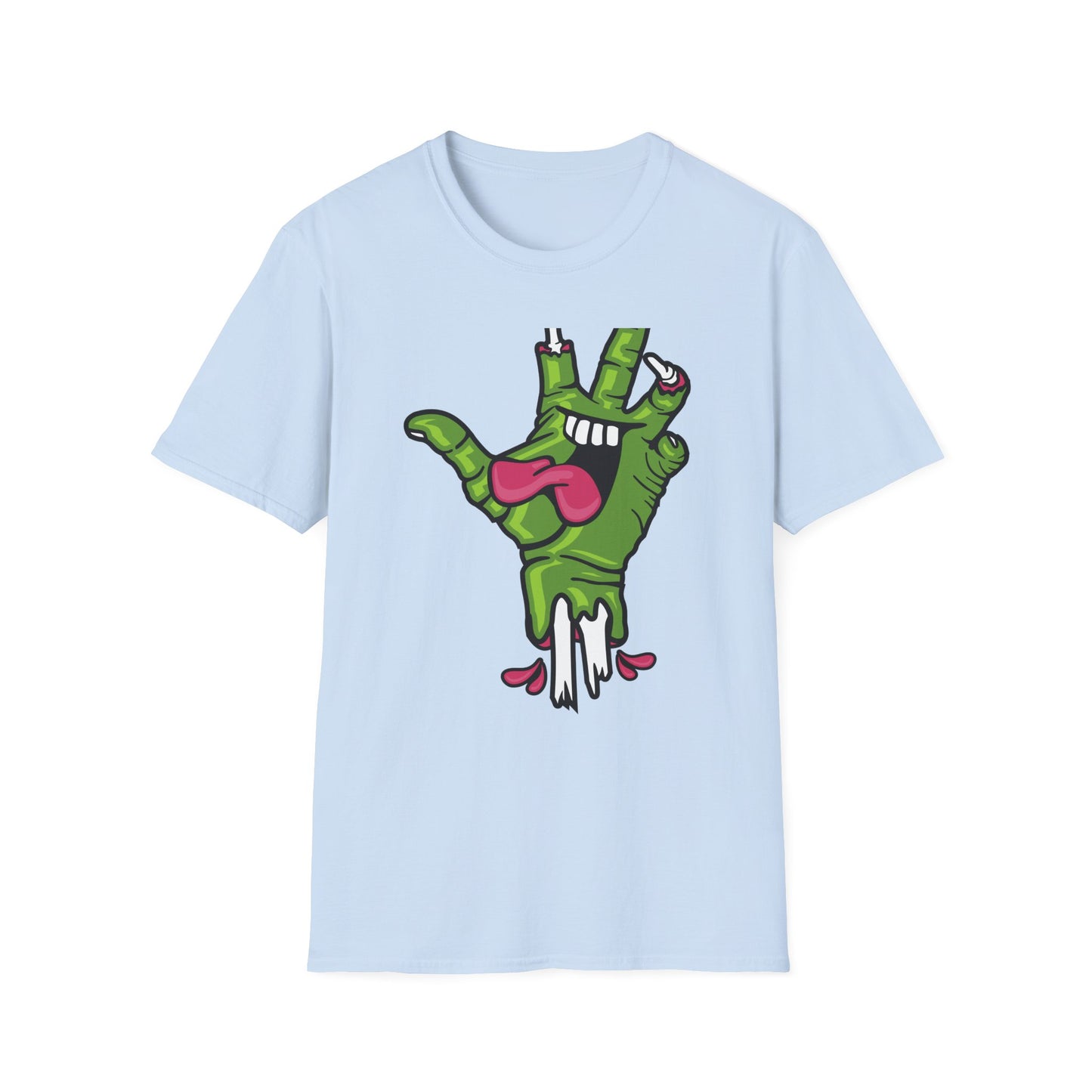 Groovy Zombie Hand T-Shirt with Smiling Monster Face | Spooky Halloween Rock On Tee | Creepy Fun Apparel