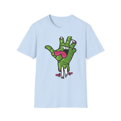 Groovy Zombie Hand T-Shirt with Smiling Monster Face | Spooky Halloween Rock On Tee | Creepy Fun Apparel