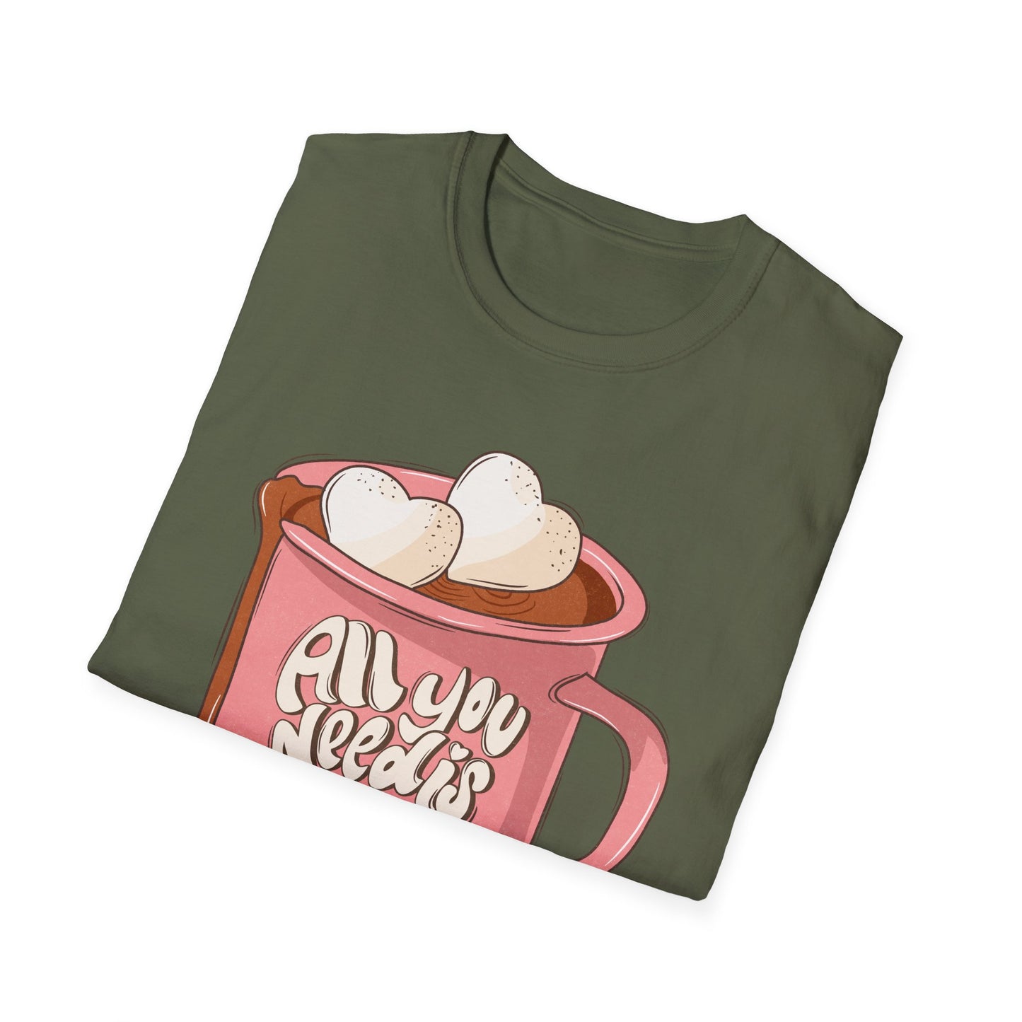 Sweet "All You Need Is Love" T-Shirt | Retro Hot Chocolate Mug with Heart Marshmallows | Adorable Valentine's Day & Cozy Love Tee