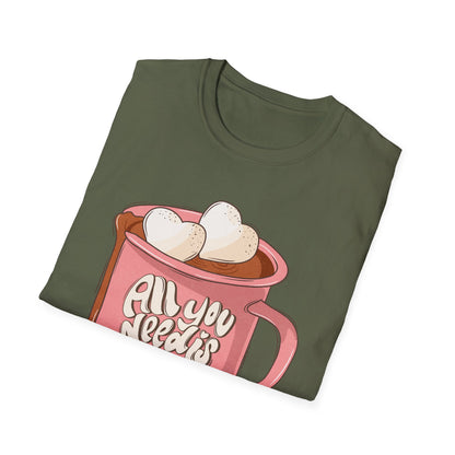 Sweet "All You Need Is Love" T-Shirt | Retro Hot Chocolate Mug with Heart Marshmallows | Adorable Valentine's Day & Cozy Love Tee