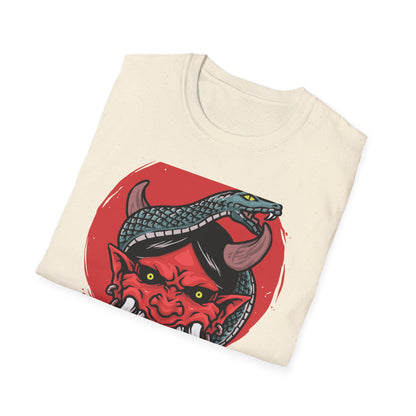 Fierce Hannya Mask & Snake T-Shirt - Striking Japanese Folklore Tattoo Art Tee | Bold Cultural Statement