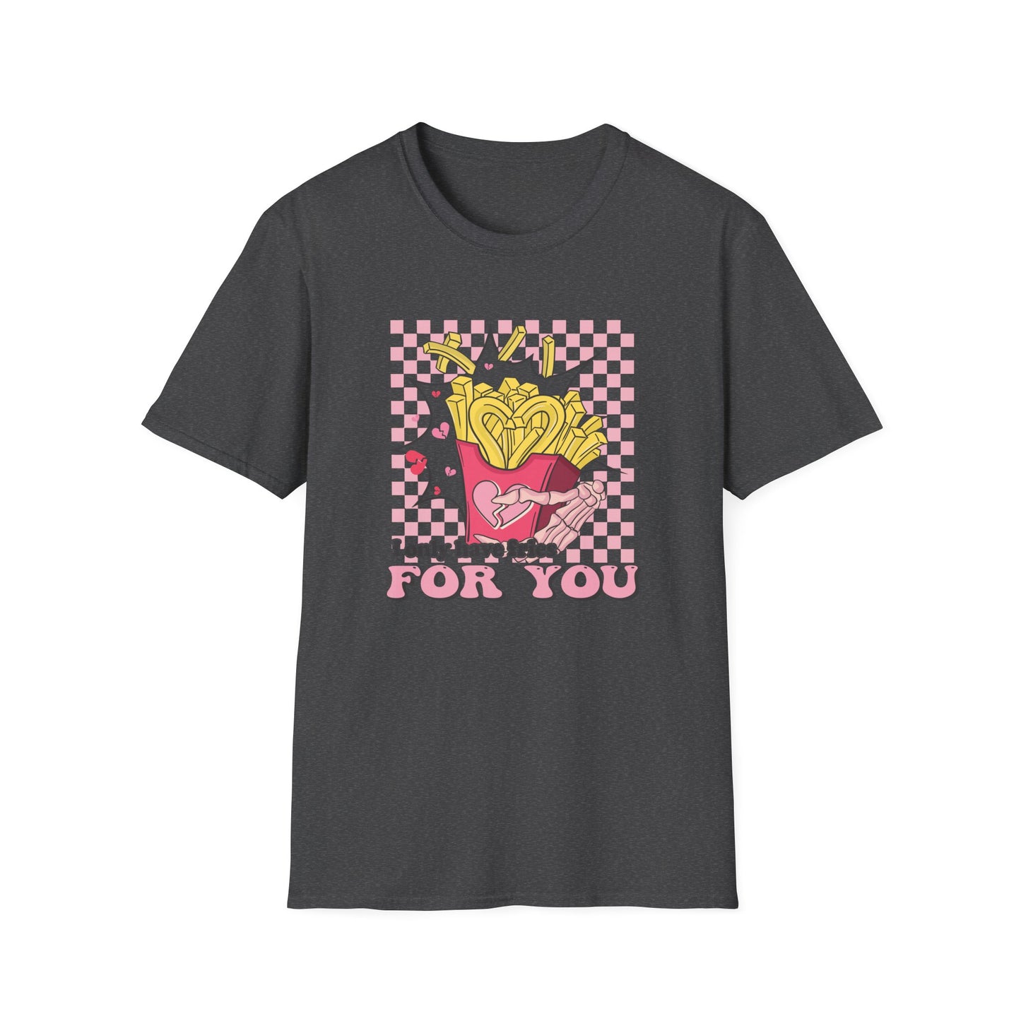 I Only Have Fries For You T-Shirt | Edgy Skeleton Hand & Broken Heart Fries Tee | Funny Foodie Alt Aesthetic Pink & Black Top