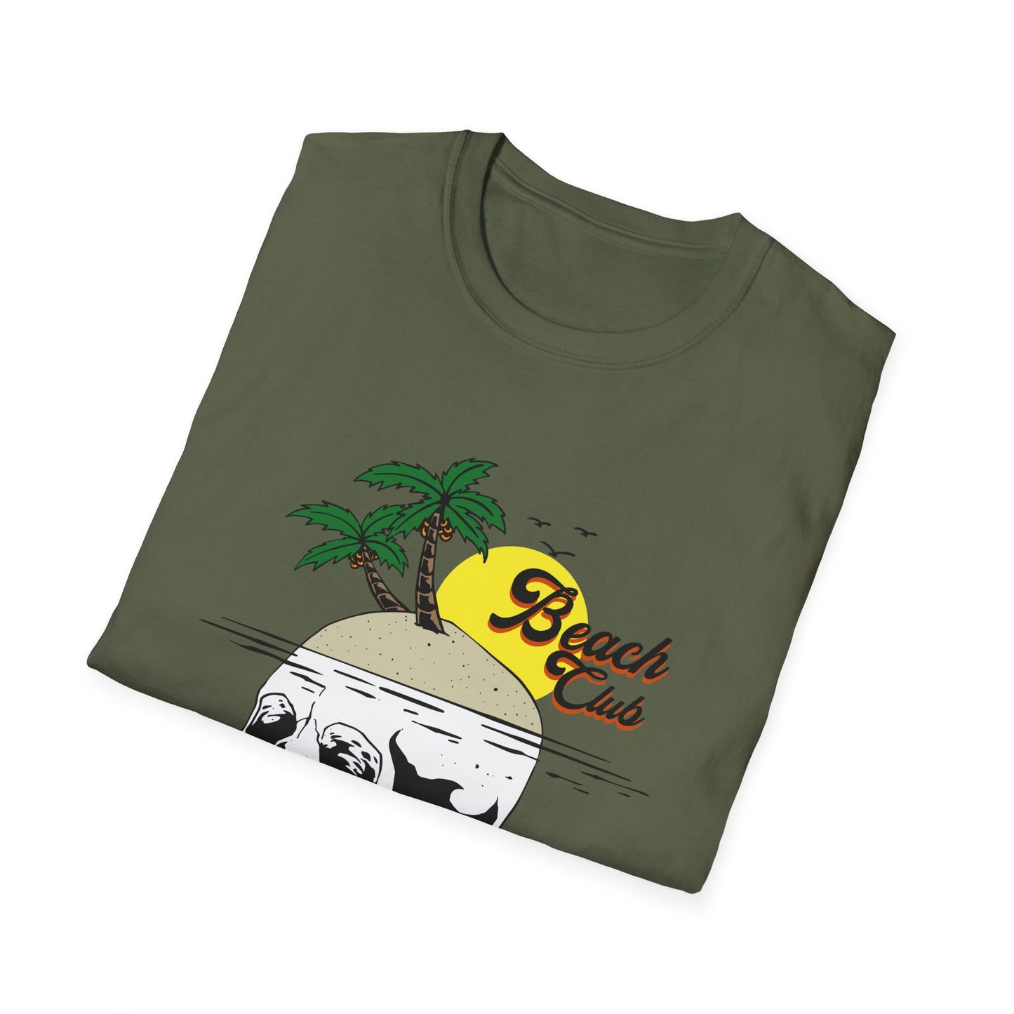 Skull Island Beach Club T-Shirt | Unique Tropical Retro Summer Vacation Tee | Edgy Palm Tree Sunset Graphic