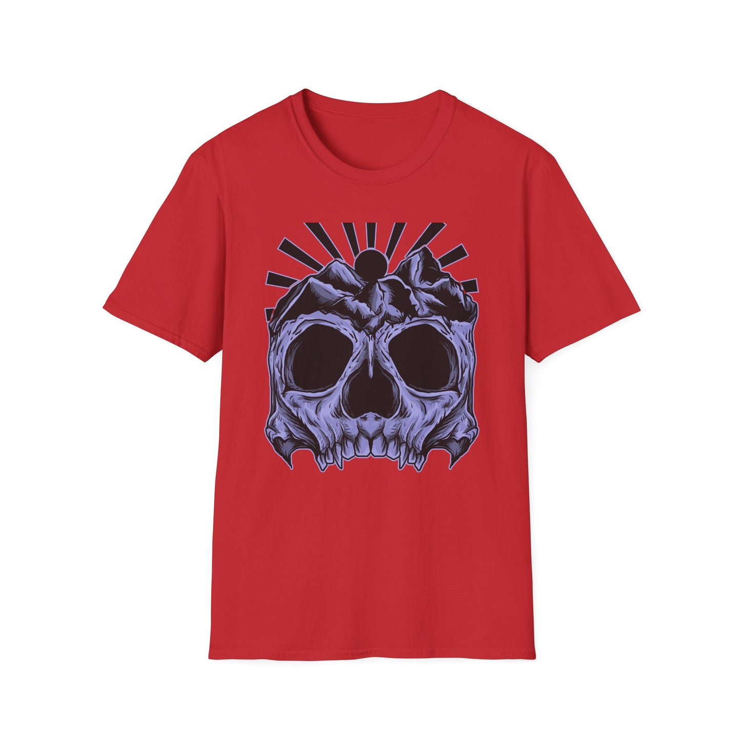 Bold Mountain Skull T-Shirt | Mystic Sun Rays & Nature Art | Unique Grunge Alternative Tee | Edgy Outdoor Apparel for Men & Women