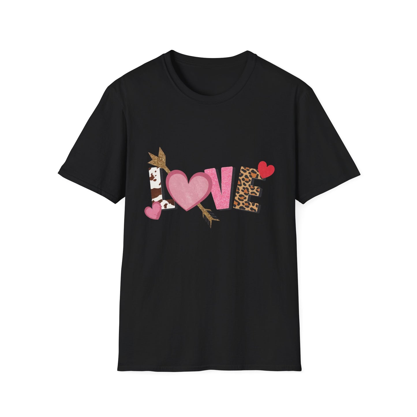 Chic LOVE T-Shirt with Sparkling Glitter Hearts & Bold Animal Print | Trendy Valentine's Day & Everyday Fashion Tee for Her