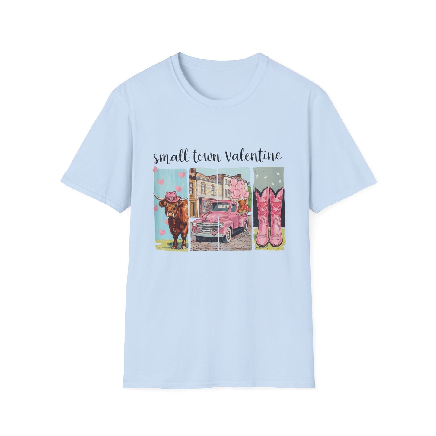 Charming Small Town Valentine T-Shirt | Cute Highland Cow, Pink Truck & Cowboy Boots | Adorable Romantic Gift for Her