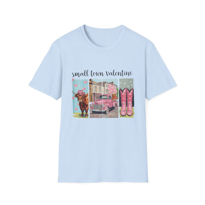 Charming Small Town Valentine T-Shirt | Cute Highland Cow, Pink Truck & Cowboy Boots | Adorable Romantic Gift for Her