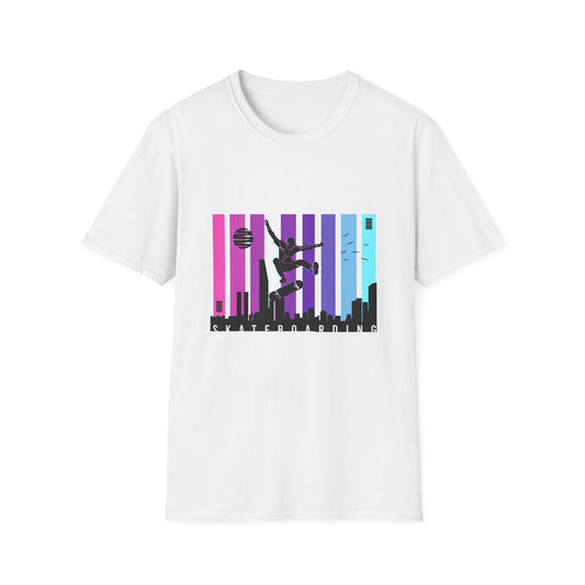 Dynamic Neon Skater T-Shirt | Urban City Skyline Streetwear Tee | Vibrant Skateboarding Style Apparel for All