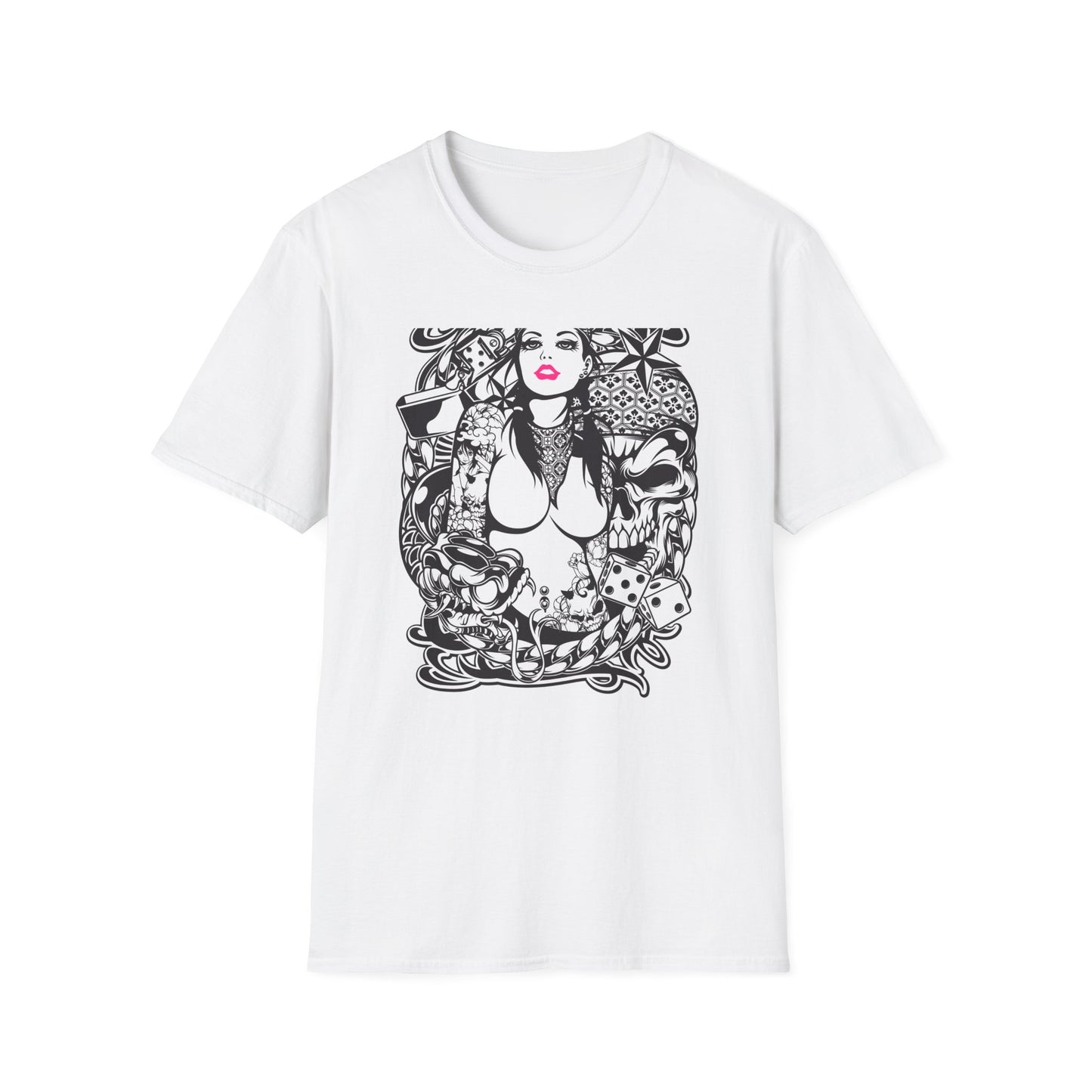 Bold Tattoo Girl & Skull Graphic T-Shirt | Edgy Urban Streetwear | Dice & Star Statement Tee - Unleash Your Rebel Style!