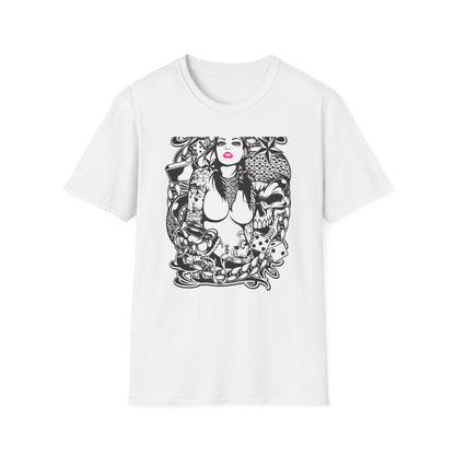 Bold Tattoo Girl & Skull Graphic T-Shirt | Edgy Urban Streetwear | Dice & Star Statement Tee - Unleash Your Rebel Style!
