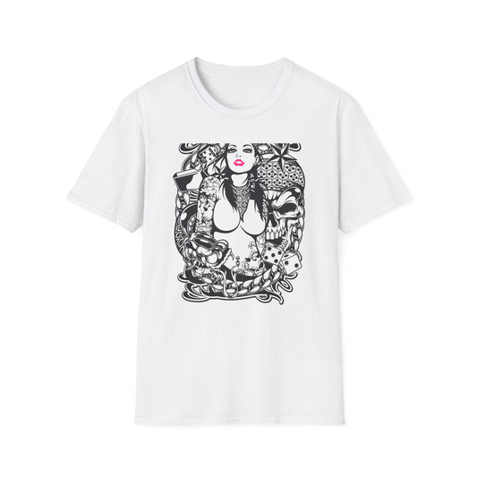 Bold Tattoo Girl & Skull Graphic T-Shirt | Edgy Urban Streetwear | Dice & Star Statement Tee - Unleash Your Rebel Style!