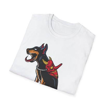 Fierce Doberman Hannya Mask T-Shirt: Epic Japanese Demon Dog Design. Bold Statement Tee for Edgy Dog Lovers & Culture Fans.