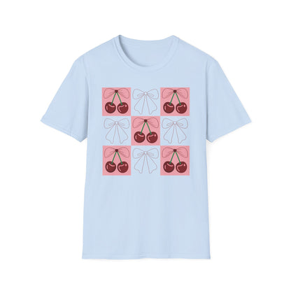Charming Coquette Cherry Bow T-Shirt | Sweet Pink Aesthetic & Trendy Fruit Pattern Tee for Women