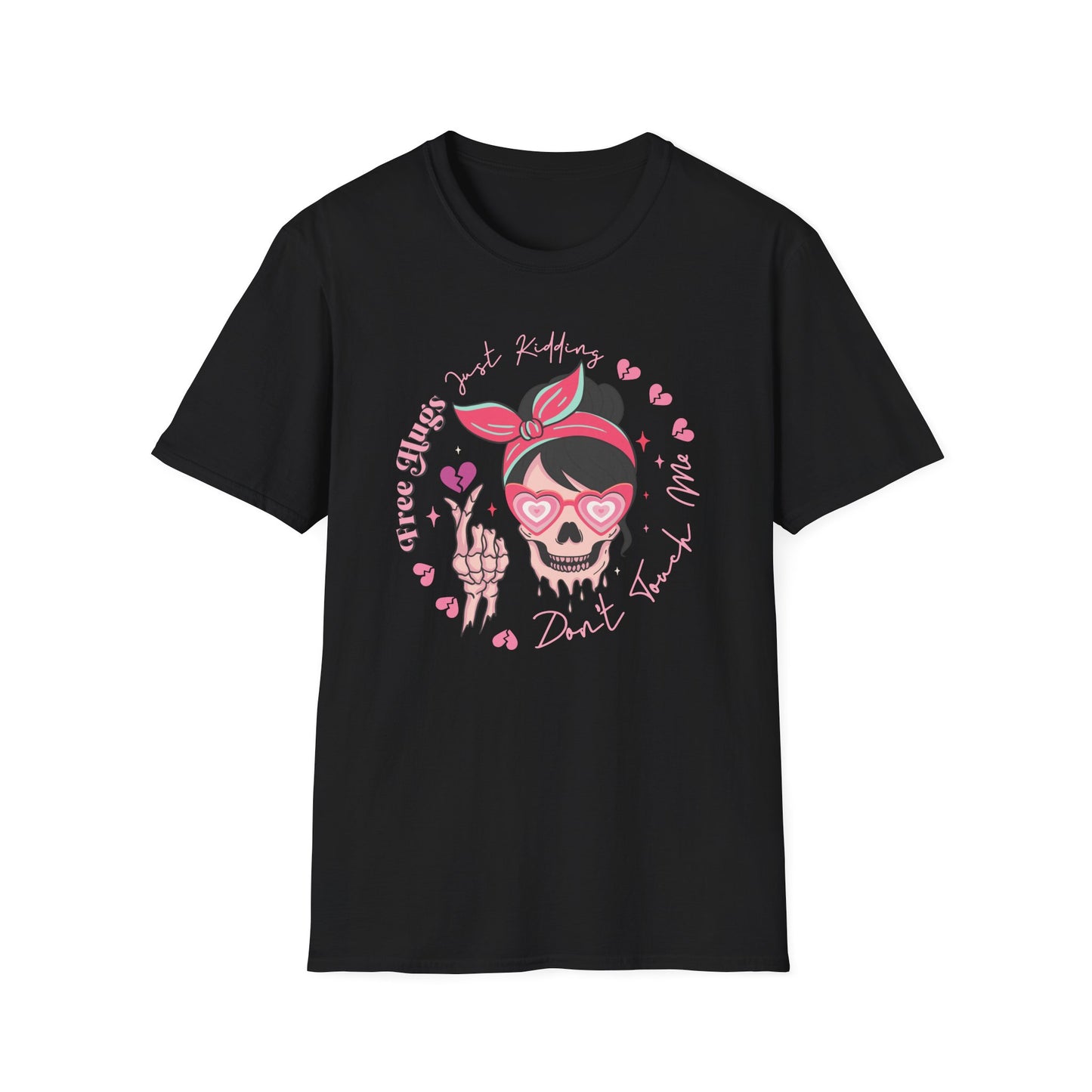 Sassy Skull 'Free Hugs Just Kidding' T-Shirt | Edgy Pink Heart Sunglasses & Broken Hearts Tee | Funny Personal Space Gift for Her