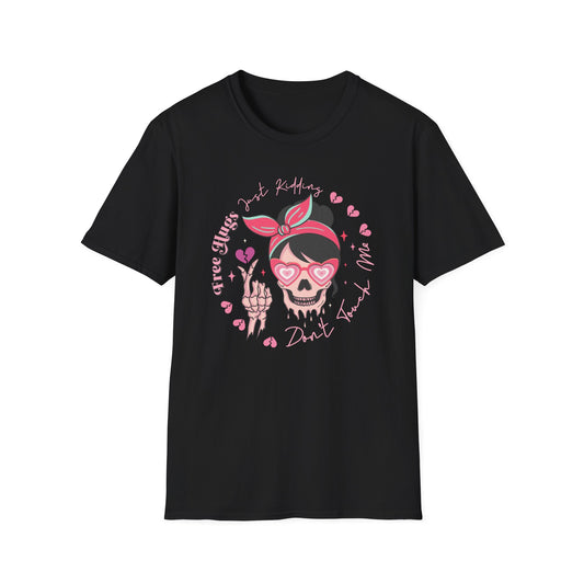 Sassy Skull 'Free Hugs Just Kidding' T-Shirt | Edgy Pink Heart Sunglasses & Broken Hearts Tee | Funny Personal Space Gift for Her