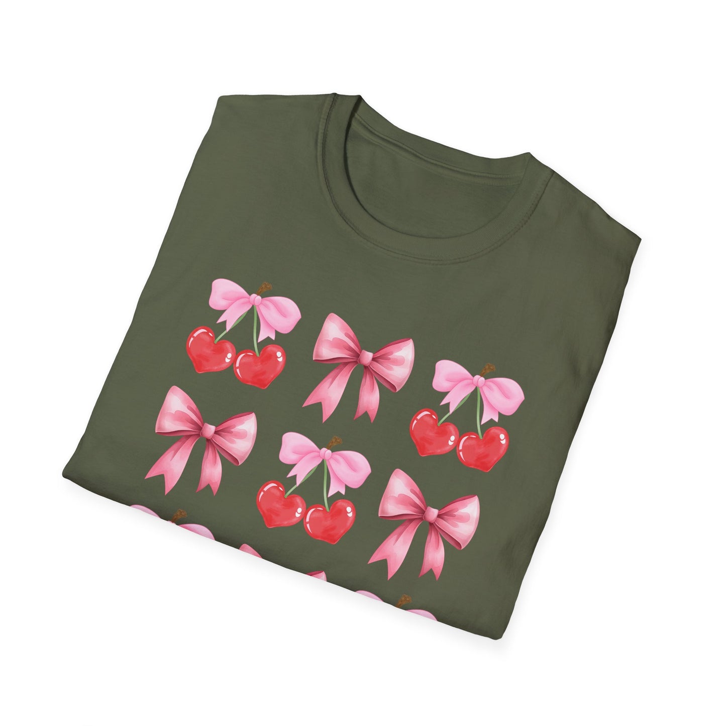 Delightful Pink Bow & Heart Cherry T-Shirt - Adorable Lovecore Aesthetic Tee for Her | Sweet Valentine's Gift