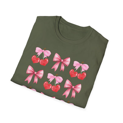 Delightful Pink Bow & Heart Cherry T-Shirt - Adorable Lovecore Aesthetic Tee for Her | Sweet Valentine's Gift