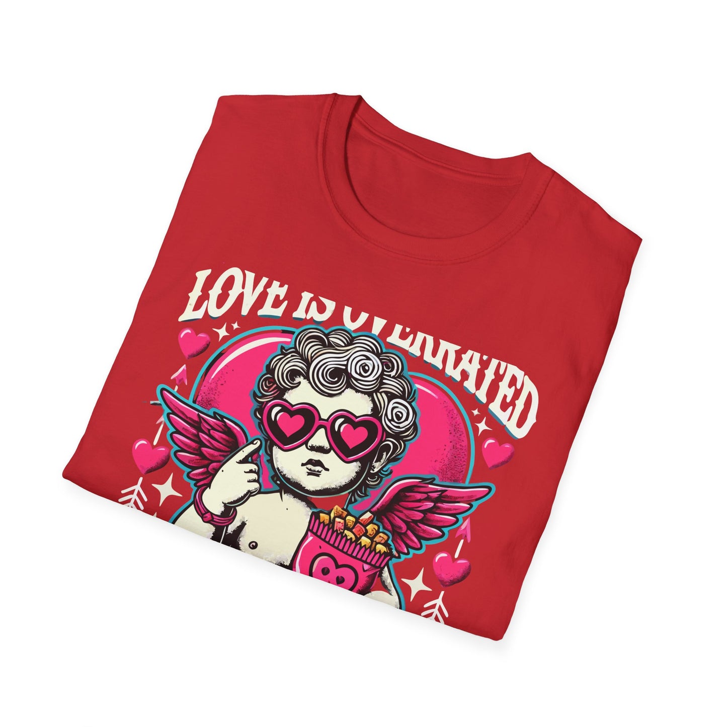 Hilarious 'Love Is Overrated Pass The Snacks' T-Shirt - Anti-Valentine's Day Cupid & Fries Tee. Perfect for Singles & Snack Lovers!