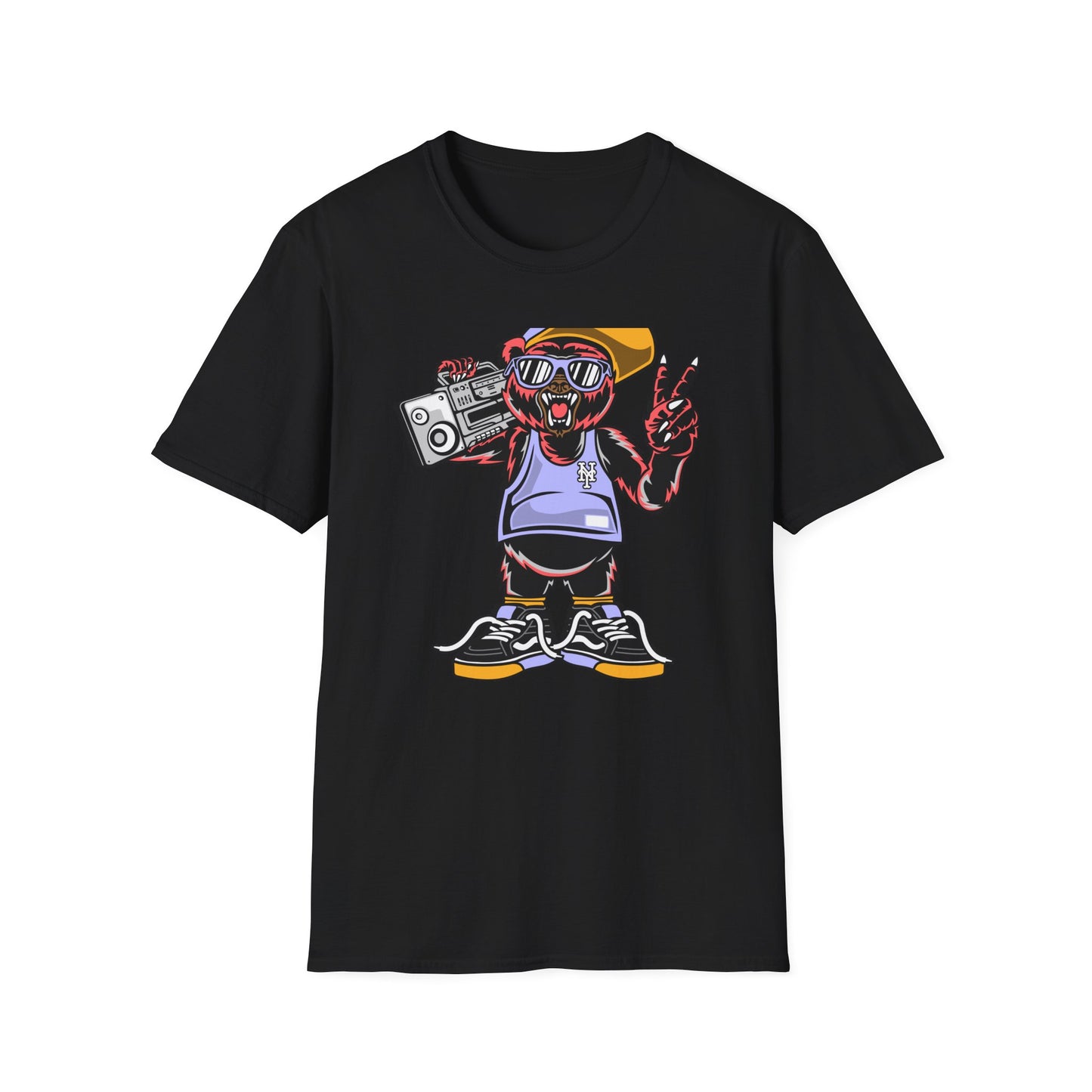 Rad Hip Hop Bear Boombox T-Shirt - Retro Street Style Graphic Tee for Music Lovers & 90s Fans