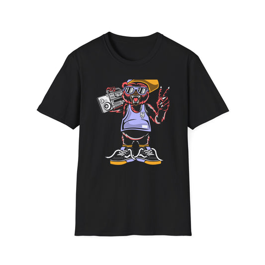 Rad Hip Hop Bear Boombox T-Shirt - Retro Street Style Graphic Tee for Music Lovers & 90s Fans
