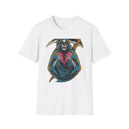 Bold Grim Reaper Heart T-Shirt | Unique Gothic Skeleton Love Tee | Edgy Macabre Statement Apparel
