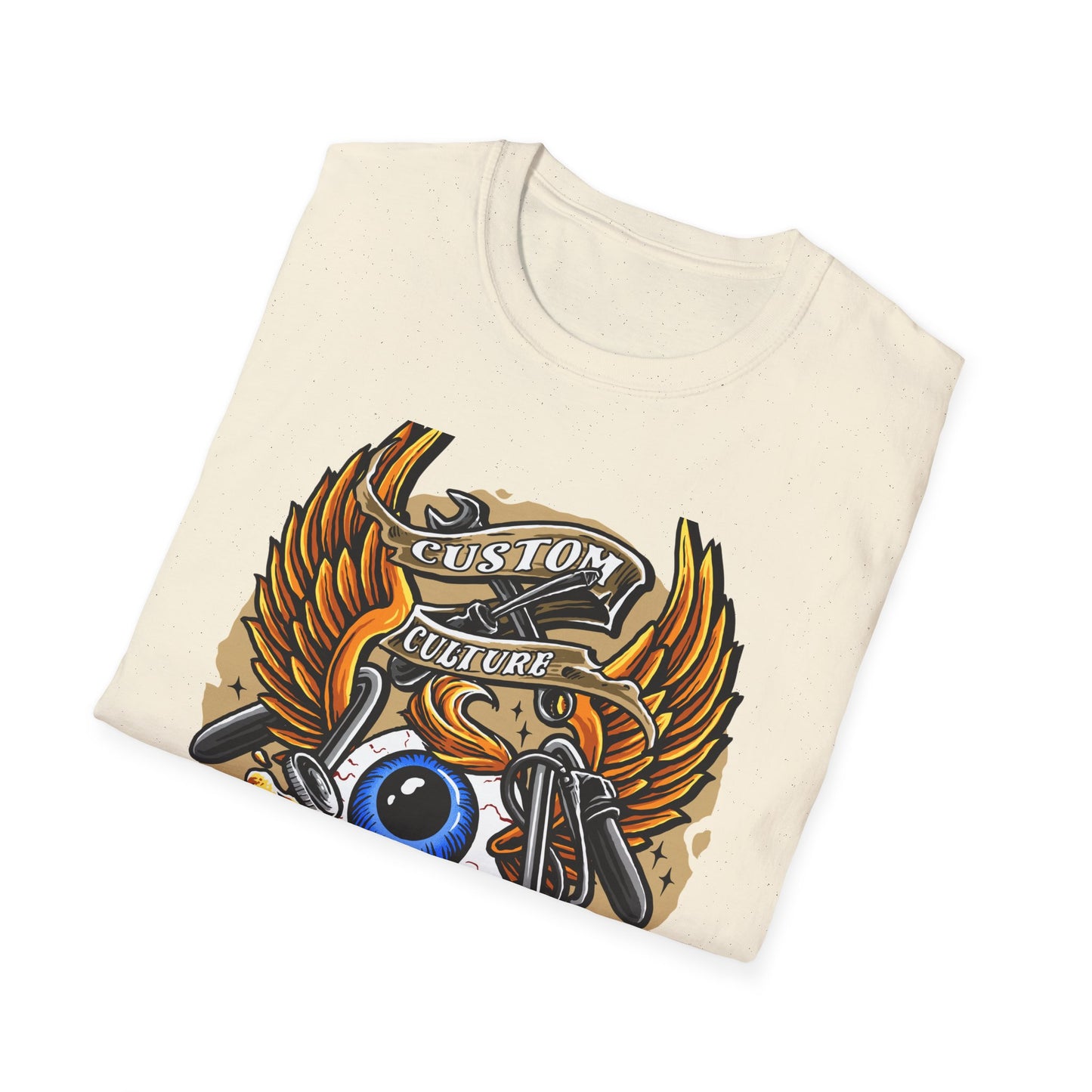 Epic Custom Culture T-Shirt | Bold Flaming Eye & Biker Wings Design | Unleash Your Rebel Spirit - Hot Rod Tee