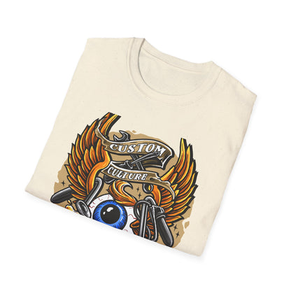 Epic Custom Culture T-Shirt | Bold Flaming Eye & Biker Wings Design | Unleash Your Rebel Spirit - Hot Rod Tee