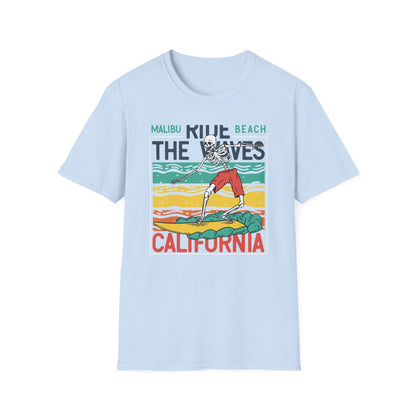 Epic Malibu Skeleton Surfer T-Shirt - Ride The Waves California Beach Retro Tee | Unique Vintage Style Surf Graphic