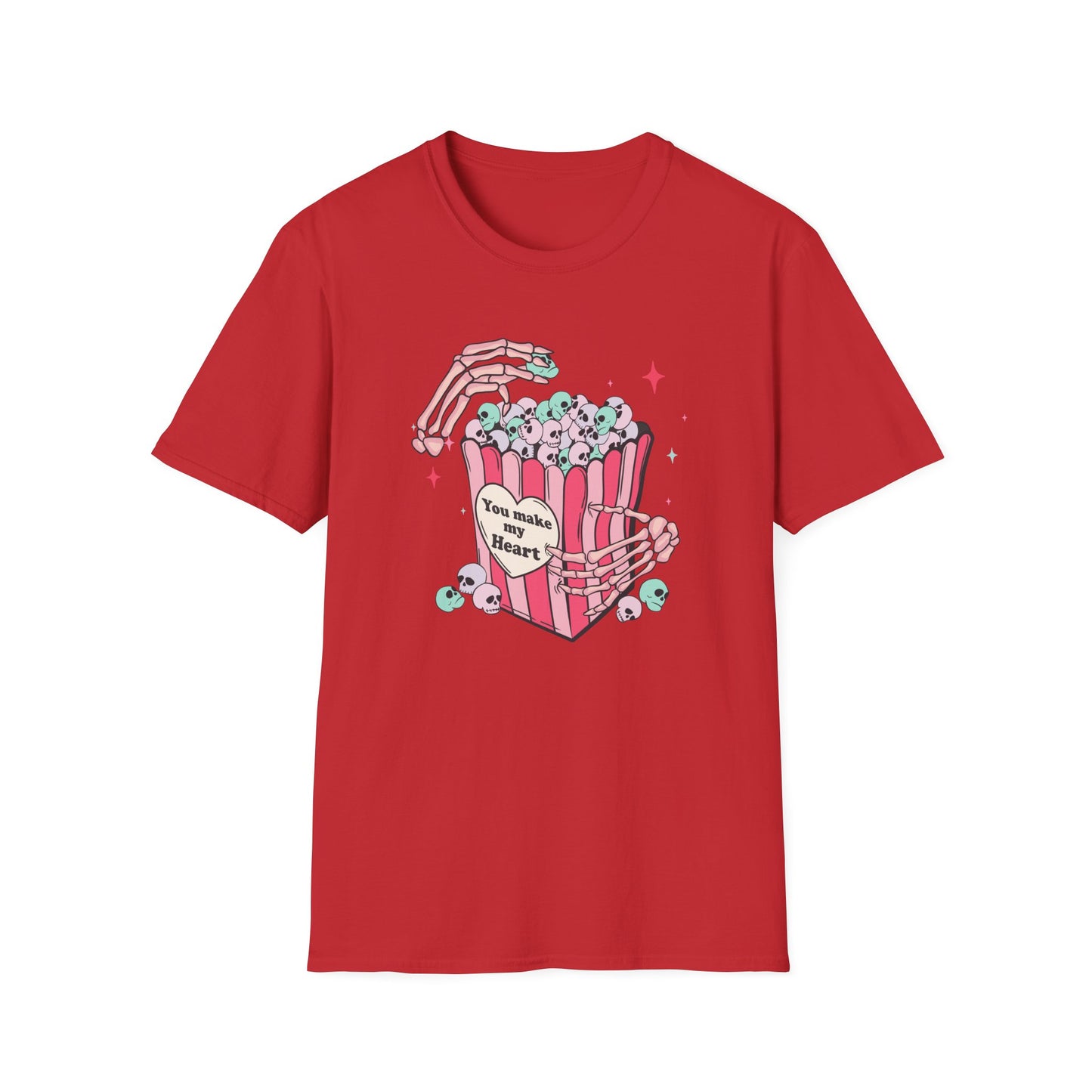Spooky-Cute 'You Make My Heart' Skull Popcorn T-Shirt - Pastel Goth Love Tee Gift