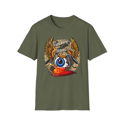 Epic Custom Culture T-Shirt | Bold Flaming Eye & Biker Wings Design | Unleash Your Rebel Spirit - Hot Rod Tee