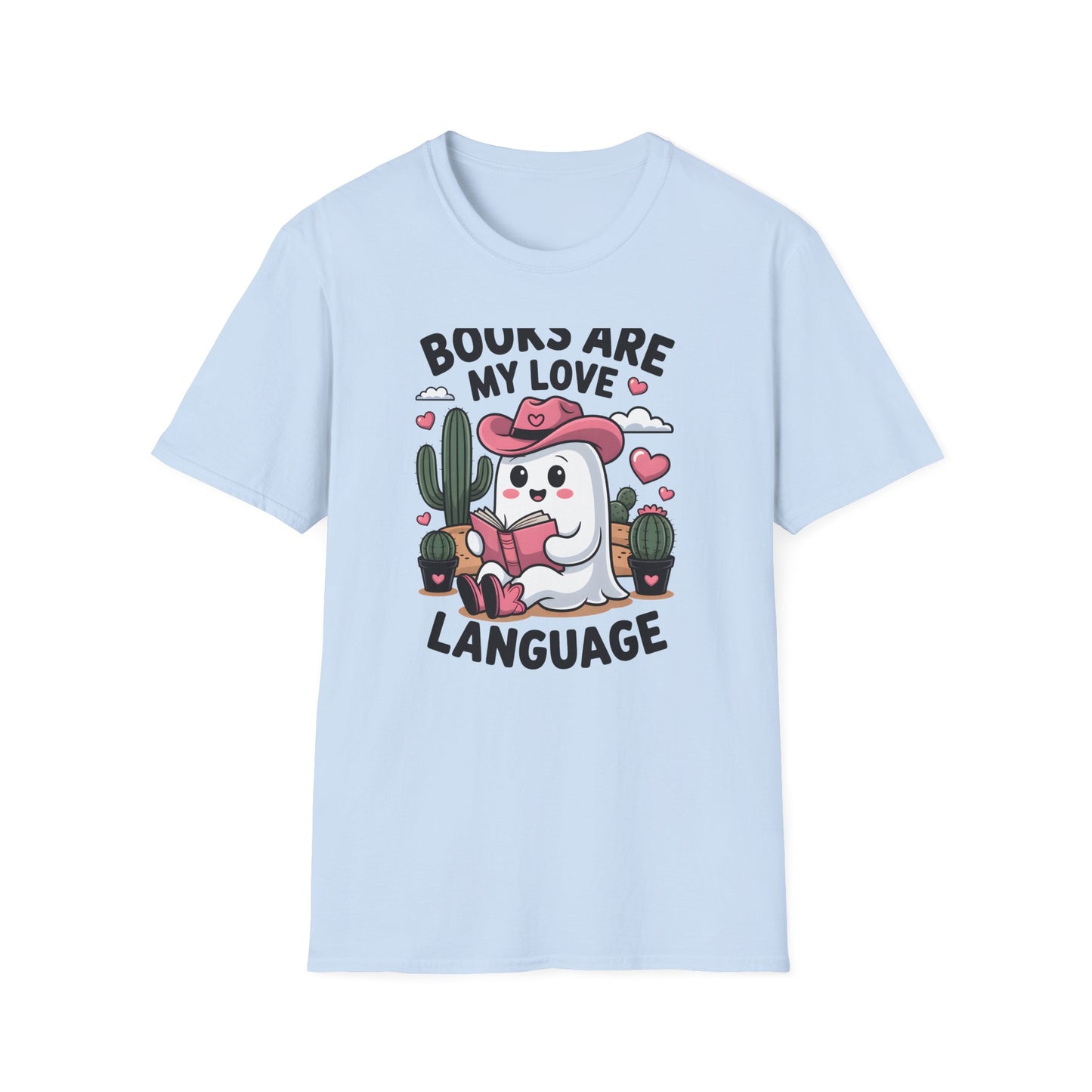 Adorable Reading Ghost T-Shirt | “Books Are My Love Language” Pink Cowboy Ghost Tee | Unique Book Lover Gift