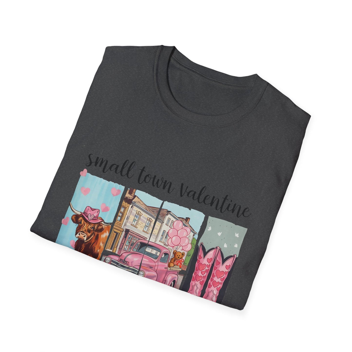 Charming Small Town Valentine T-Shirt | Cute Highland Cow, Pink Truck & Cowboy Boots | Adorable Romantic Gift for Her