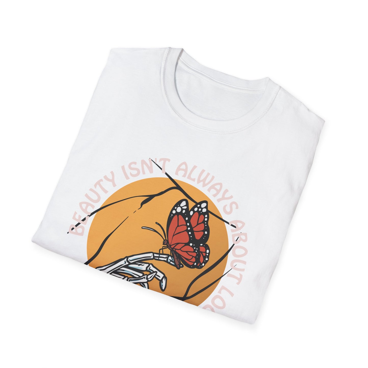 Expressive Skeleton Hand & Monarch Butterfly T-Shirt | 'Beauty Isn't About Looks' Deep Meaning Art Tee