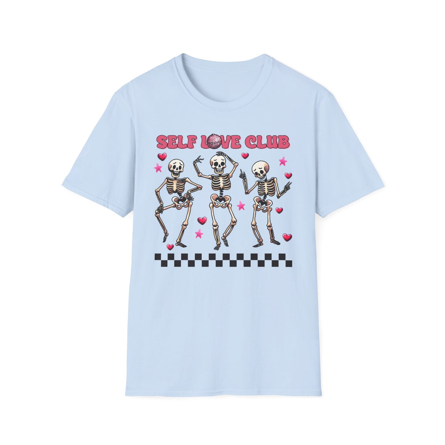 Groovy Self Love Club T-Shirt | Empowering Dancing Skeletons & Disco Ball Design | Trendy & Unique Top
