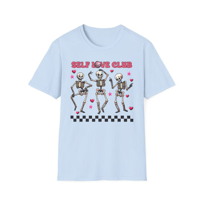 Groovy Self Love Club T-Shirt | Empowering Dancing Skeletons & Disco Ball Design | Trendy & Unique Top