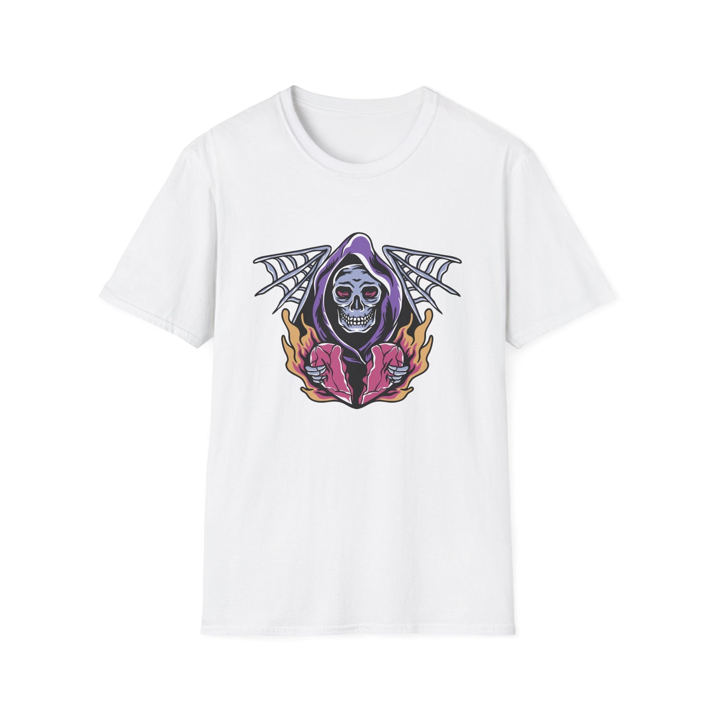 Striking Grim Reaper Broken Heart T-Shirt | Edgy Skull & Flames Tee | Gothic Macabre Streetwear | Bold & Unique Style
