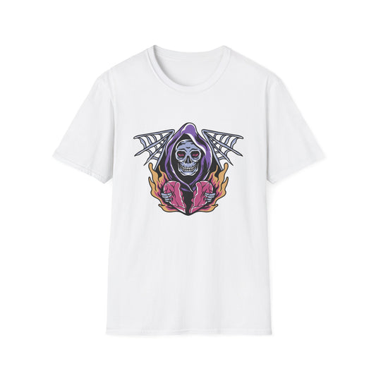 Striking Grim Reaper Broken Heart T-Shirt | Edgy Skull & Flames Tee | Gothic Macabre Streetwear | Bold & Unique Style