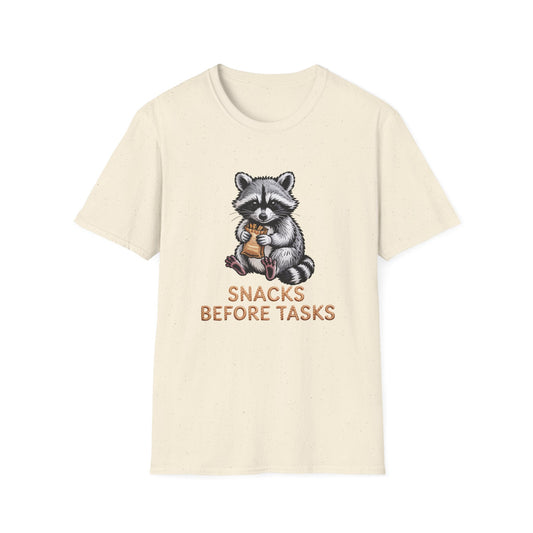 Adorable Raccoon 'Snacks Before Tasks' T-Shirt - Funny Procrastination & Foodie Tee for Ultimate Comfort & Style