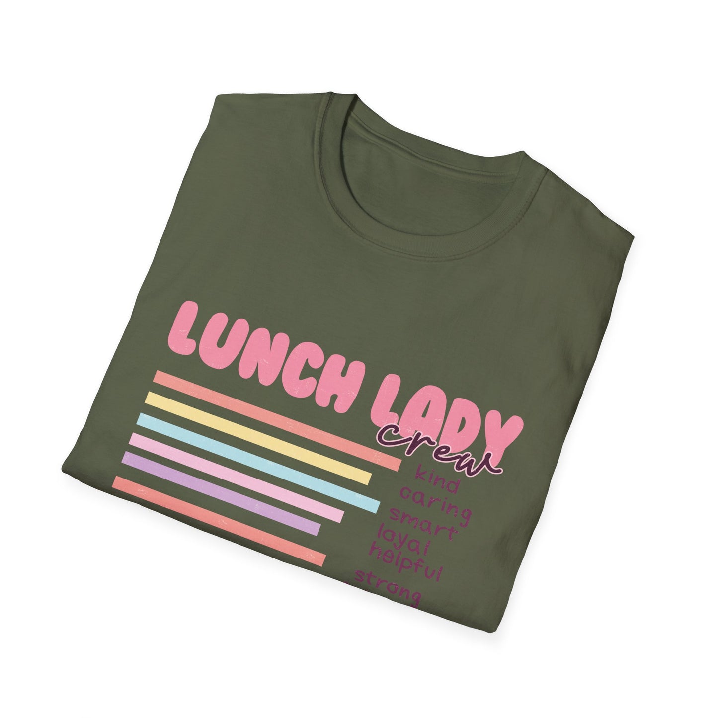 Awesome Lunch Lady Crew T-Shirt - Retro Pastel Stripes & Heartfelt Qualities - Unique School Cafeteria Staff Appreciation Tee