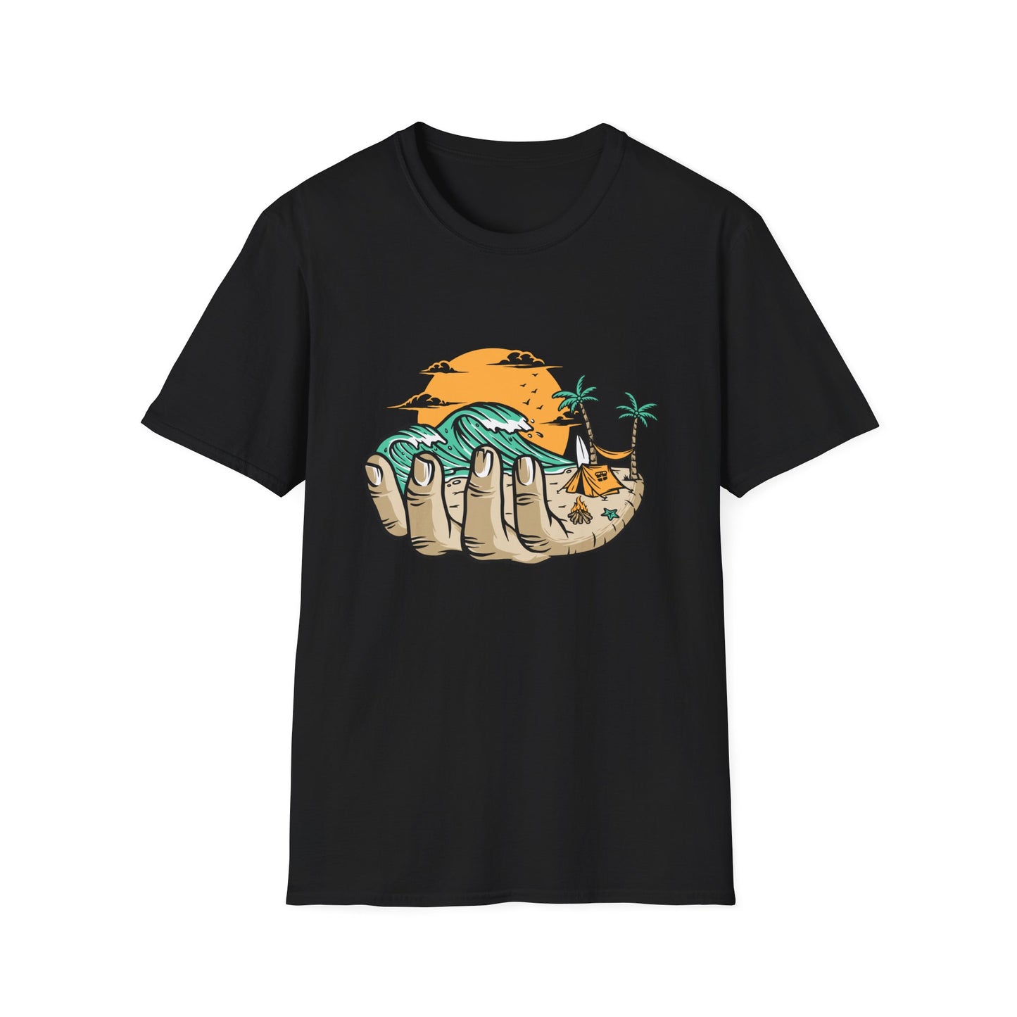 Epic Beach Life Hand T-Shirt | Surf, Camp & Travel Adventure Tee | Vibrant Tropical Sunset Vacation Top