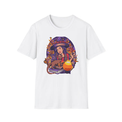 Enchanting Mystical Witch T-Shirt | Women's Fantasy Magic Tee with Cat, Crystal Ball & Roses | Awesome Gift