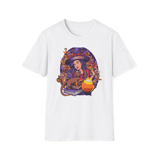 Enchanting Mystical Witch T-Shirt | Women's Fantasy Magic Tee with Cat, Crystal Ball & Roses | Awesome Gift