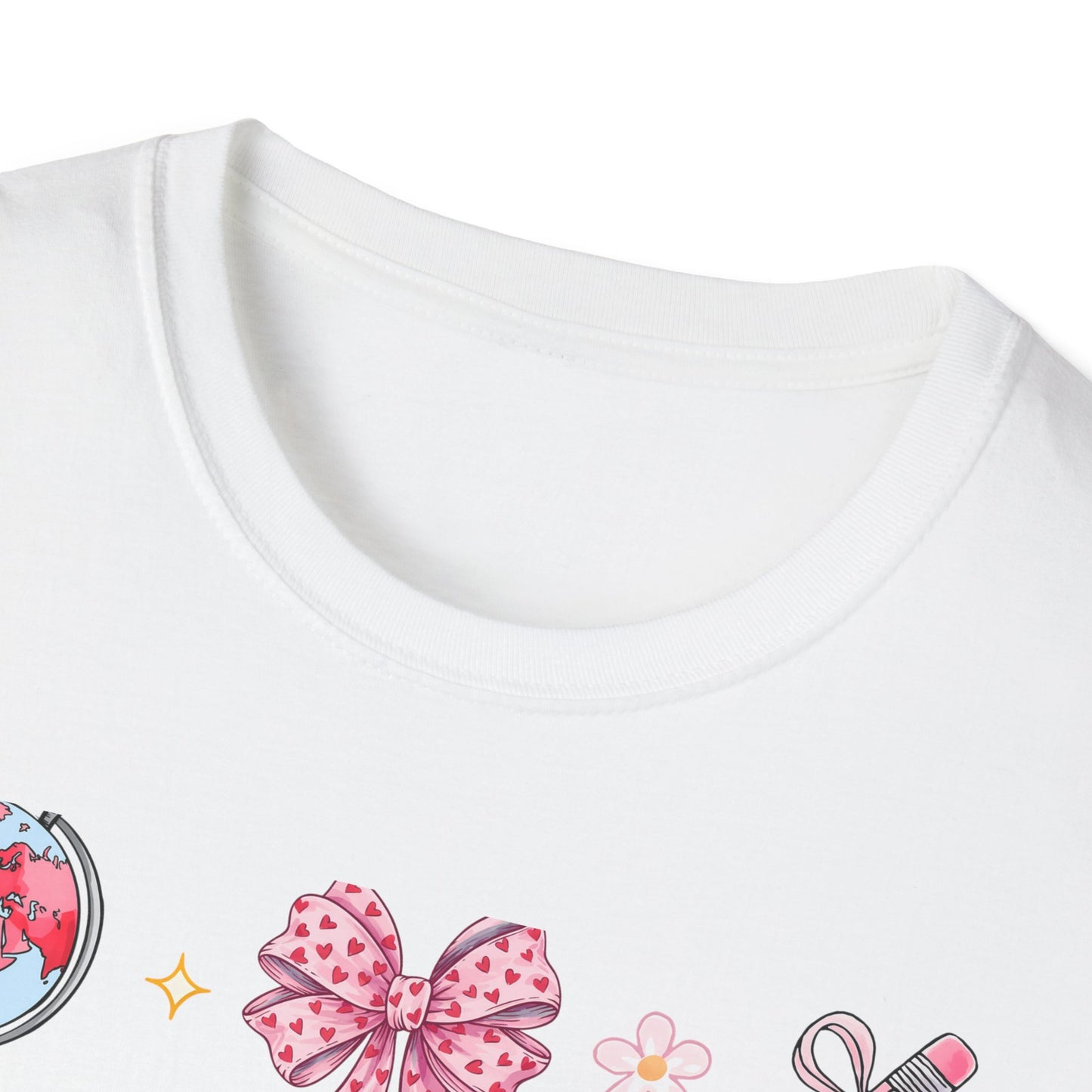 Awesome Teacher Appreciation T-Shirt | 'Teaching Is A Work of Heart' Tee | Cute School Supplies & Pink Bows Gift