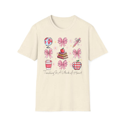 Awesome Teacher Appreciation T-Shirt | 'Teaching Is A Work of Heart' Tee | Cute School Supplies & Pink Bows Gift