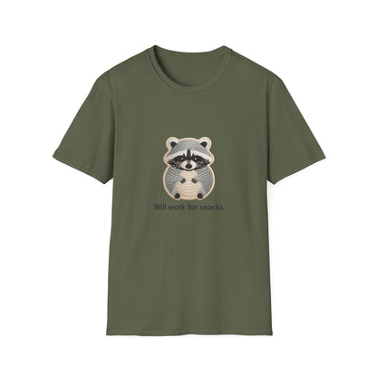 Hilarious "Will Work For Snacks" Raccoon T-Shirt | Adorable Animal Lover & Foodie Gift Tee | Cute & Comfy