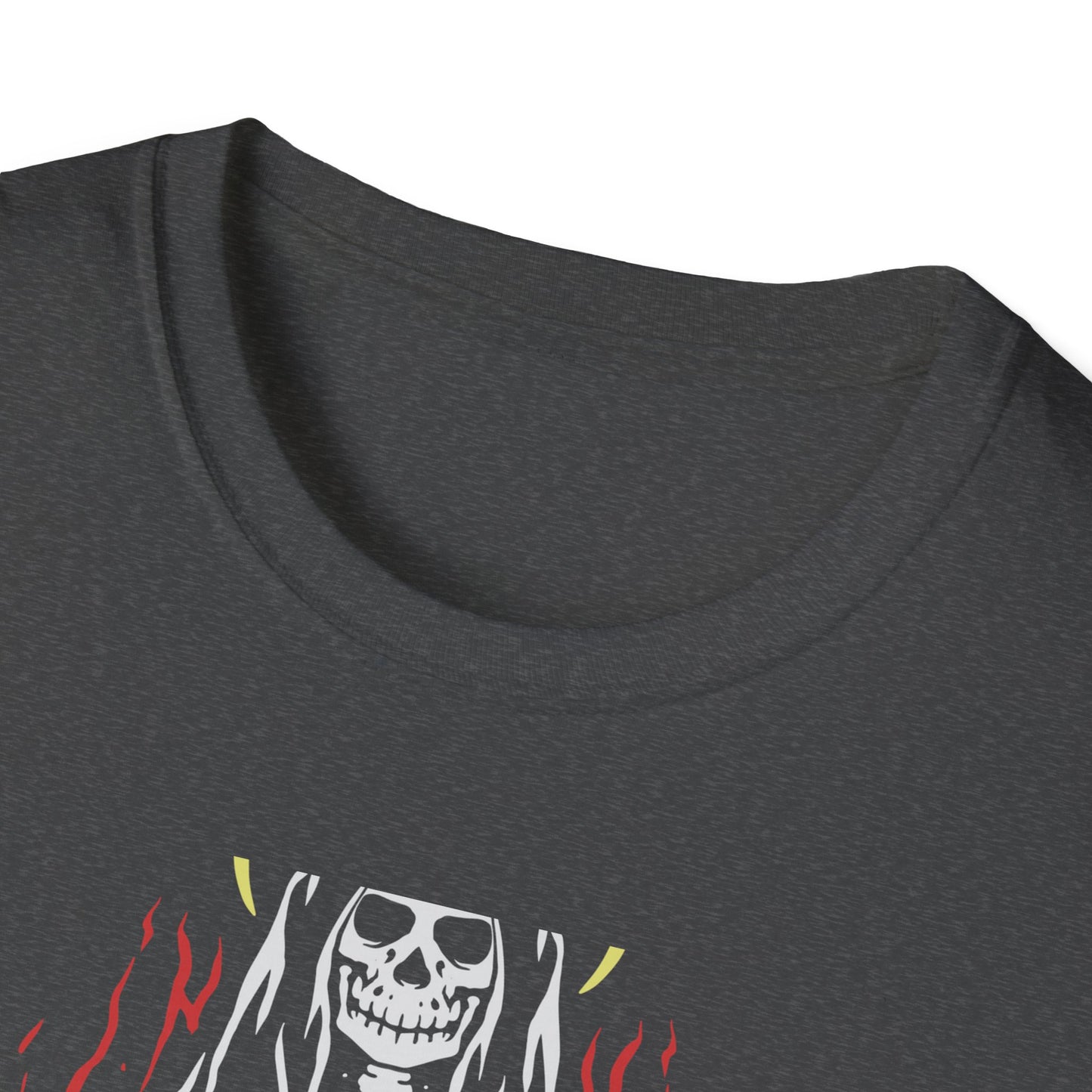 Mystic Skeleton Saint T-Shirt | Haunting Grim Reaper with Halo & Red Accents | Gothic & Alternative Apparel