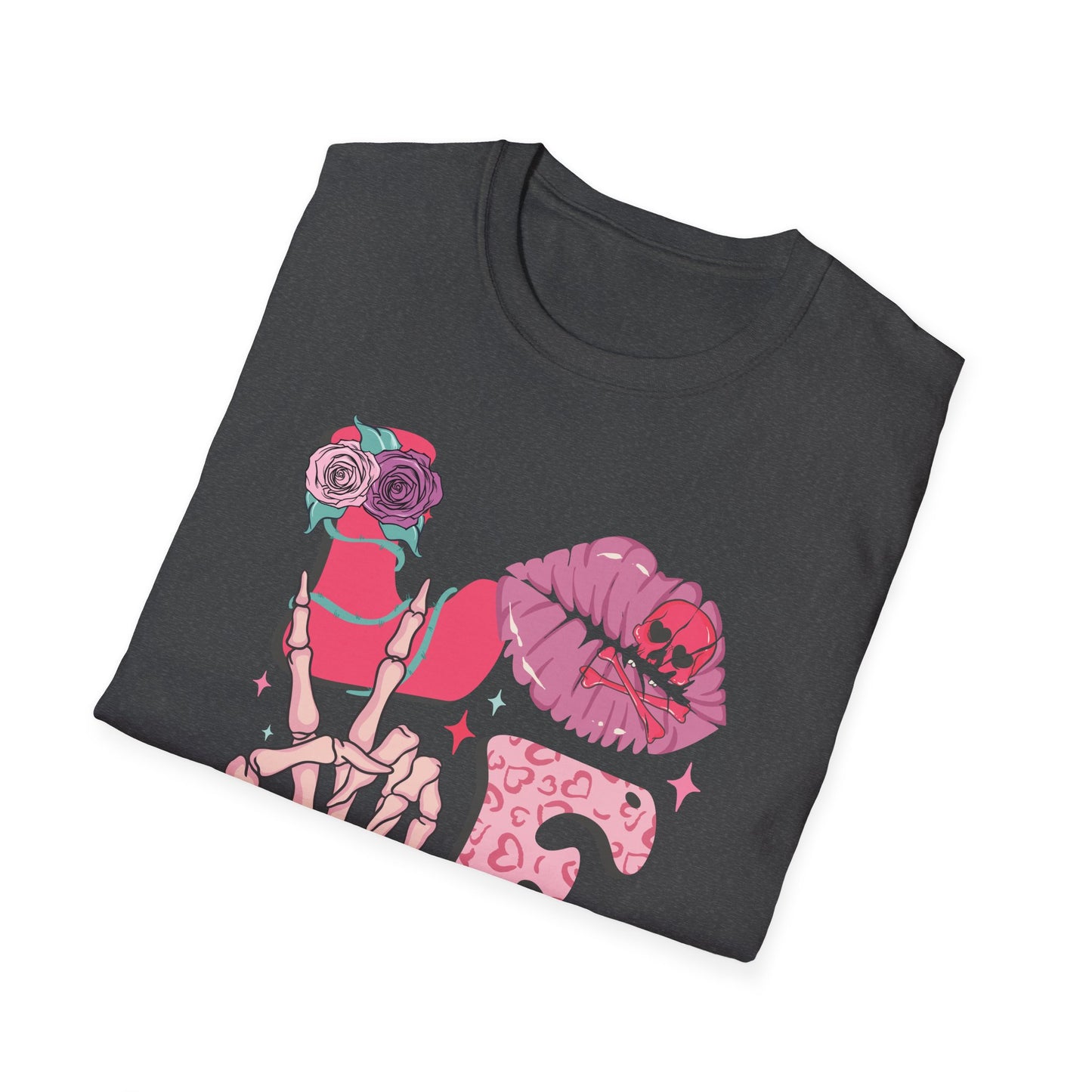 Edgy Pink Grunge T-Shirt: Skull Kiss, Peace Skeleton Hand, Roses & Heart Initial 'E' Design. Trendy Alt Fashion Tee.