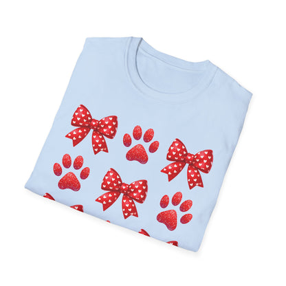 Charming Pet Love T-Shirt: Red Heart Bows & Glitter Paw Prints | Valentine's Day Animal Lover Tee